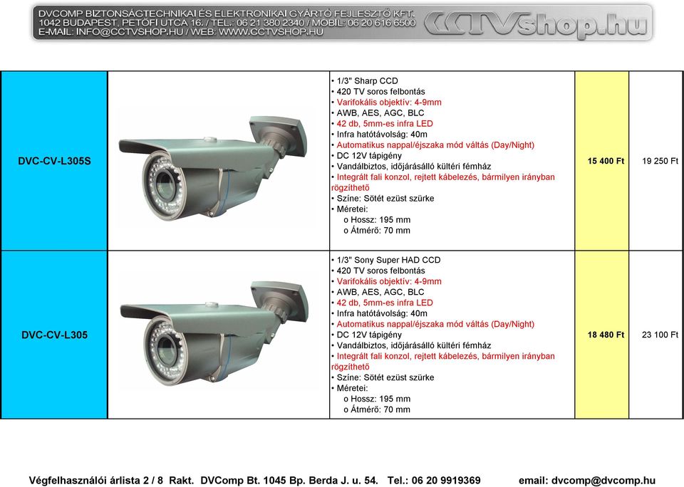 4-9mm 42 db, 5mm-es infra LED Infra hatótávolság: 40m Integrált fali konzol, rejtett kábelezés, bármilyen irányban rögzíthető Színe: Sötét ezüst