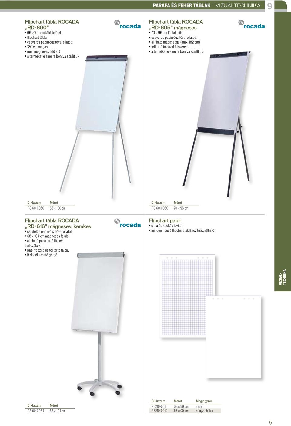 182 cm) tolltartó tálcával felszerelt a terméket elemeire bontva szállítjuk P8160-0050 66 100 cm P8160-0060 70 96 cm Flipchart tábla ROCADA RD-616 mágneses, kerekes csíptetôs papírrögzítôvel ellátott