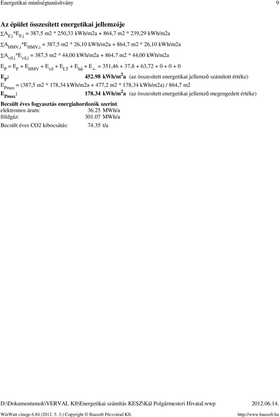 + 0 E P 452.98 kwh/m 2 a (az összesített energetikai jellemző számított értéke) E Pmax = (387,5 m2 * 178,34 kwh/m2a + 477,2 m2 * 178,34 kwh/m2a) / 864,7 m2 E Pmax 178.