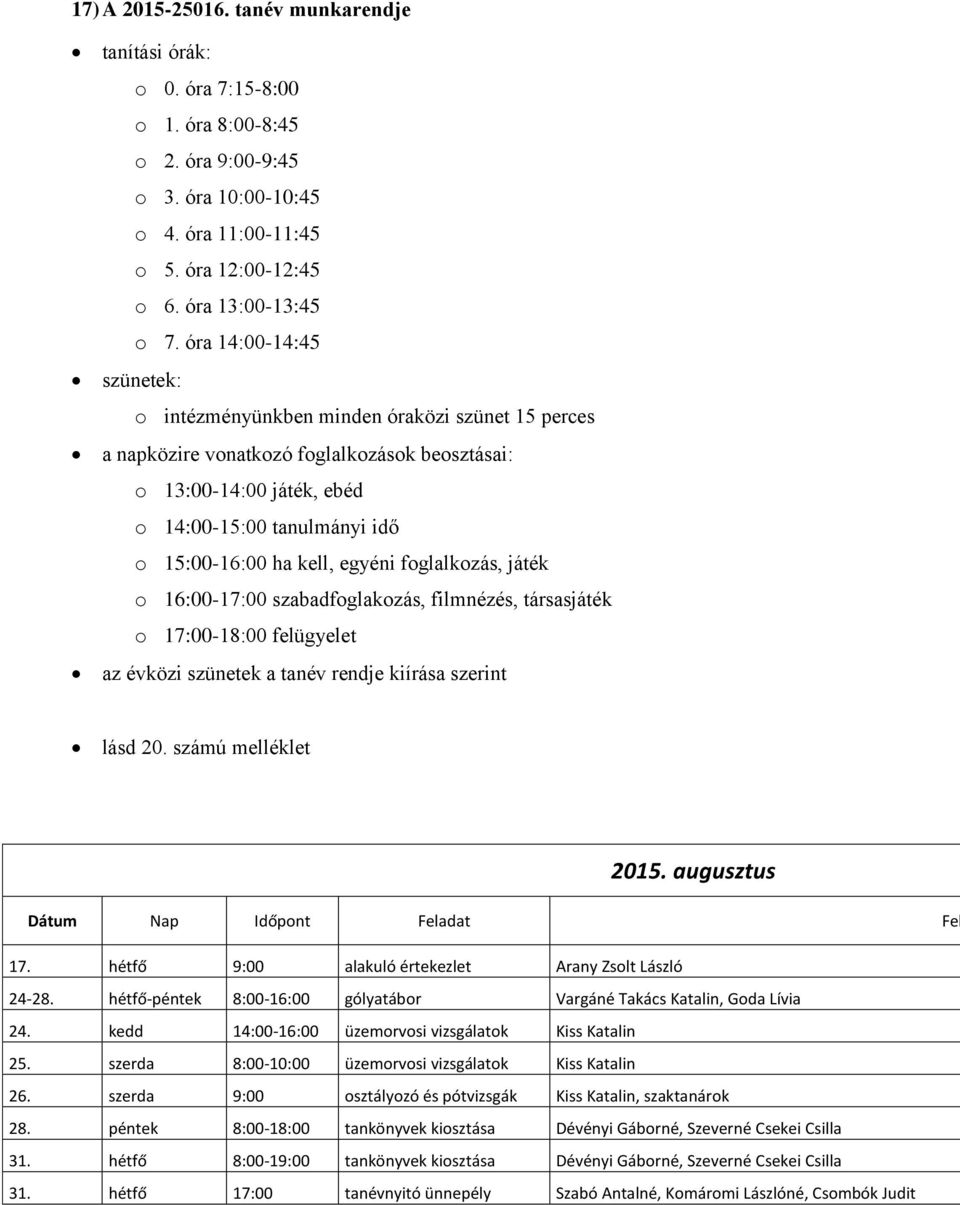 kell, egyéni foglalkozás, játék o 16:00-17:00 szabadfoglakozás, filmnézés, társasjáték o 17:00-18:00 felügyelet az évközi szünetek a tanév rendje kiírása szerint lásd 20. számú melléklet 2015.