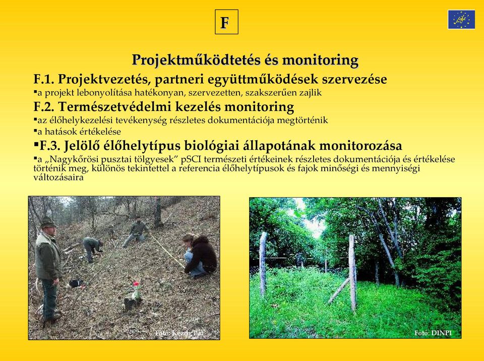 Természetvédelmi kezelés monitoring az élőhelykezelési tevékenység részletes dokumentációja megtörténik a hatások értékelése F.3.