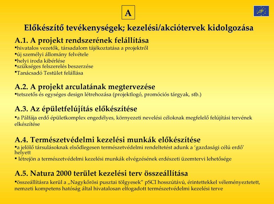 felállása A.2. A projekt arculatának megtervezése tetszetős és egységes design létrehozása (projektlogó, promóciós tárgyak, stb.) A A.3.