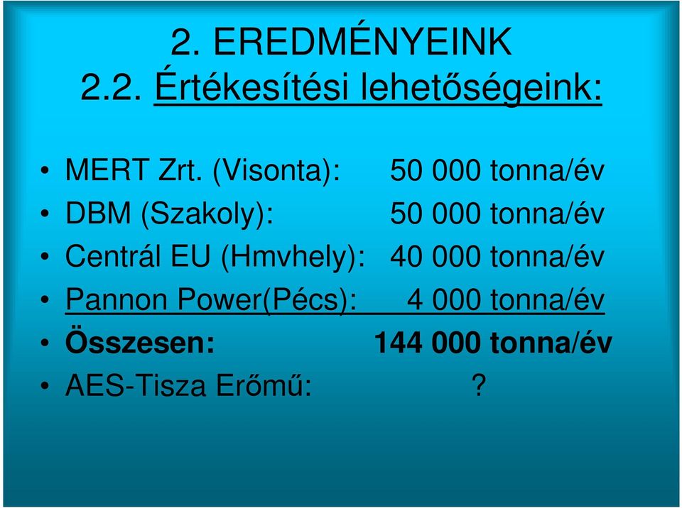 Centrál EU (Hmvhely): 40 000 tonna/év Pannon Power(Pécs):