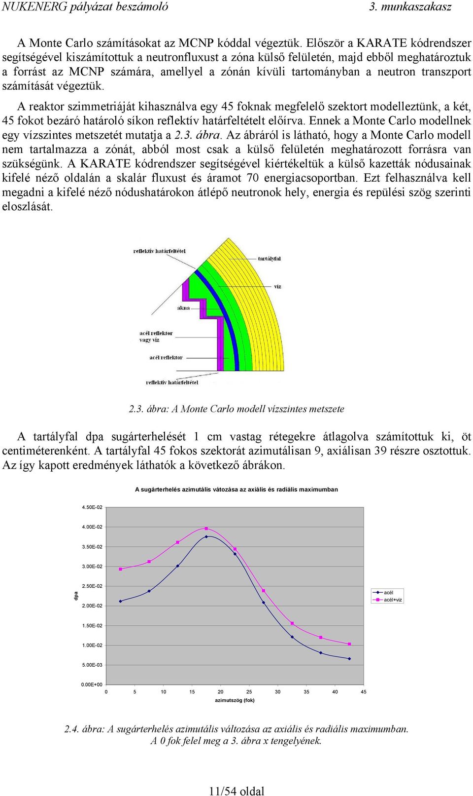 transzport számítását végeztük. A reaktor szimmetriáját kihasználva egy 45 foknak megfelelő szektort modelleztünk, a két, 45 fokot bezáró határoló síkon reflektív határfeltételt előírva.
