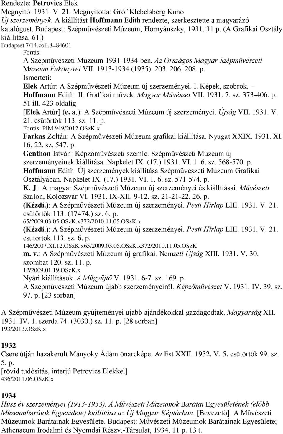 Az Országos Magyar Szépművészeti Múzeum Évkönyvei VII. 1913-1934 (1935). 203. 206. 208. p. Elek Artúr: A Szépművészeti Múzeum új szerzeményei. I. Képek, szobrok. Hoffmann Edith: II. Grafikai művek.