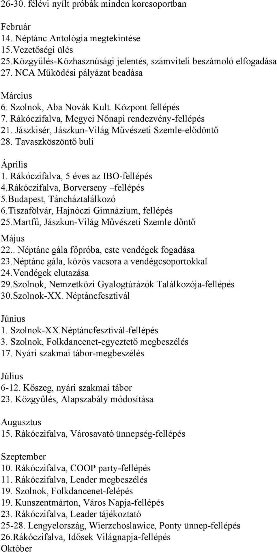 Tavaszköszöntő buli Április 1. Rákóczifalva, 5 éves az IBO-fellépés 4.Rákóczifalva, Borverseny fellépés 5.Budapest, Táncháztalálkozó 6.Tiszafölvár, Hajnóczi Gimnázium, fellépés 25.