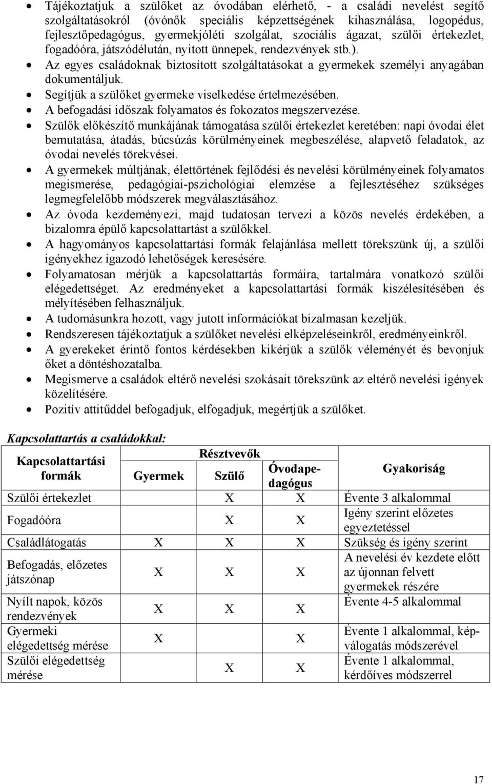 Segítjük a szülőket gyermeke viselkedése értelmezésében. A befogadási időszak folyamatos és fokozatos megszervezése.