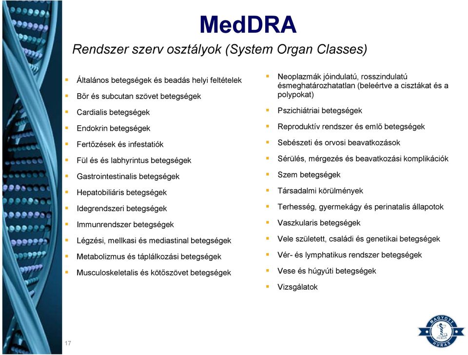 Metabolizmus és táplálkozási betegségek Musculoskeletalis és kötőszövet betegségek Neoplazmák jóindulatú, rosszindulatú ésmeghatározhatatlan (beleértve a cisztákat és a polypokat) Pszichiátriai