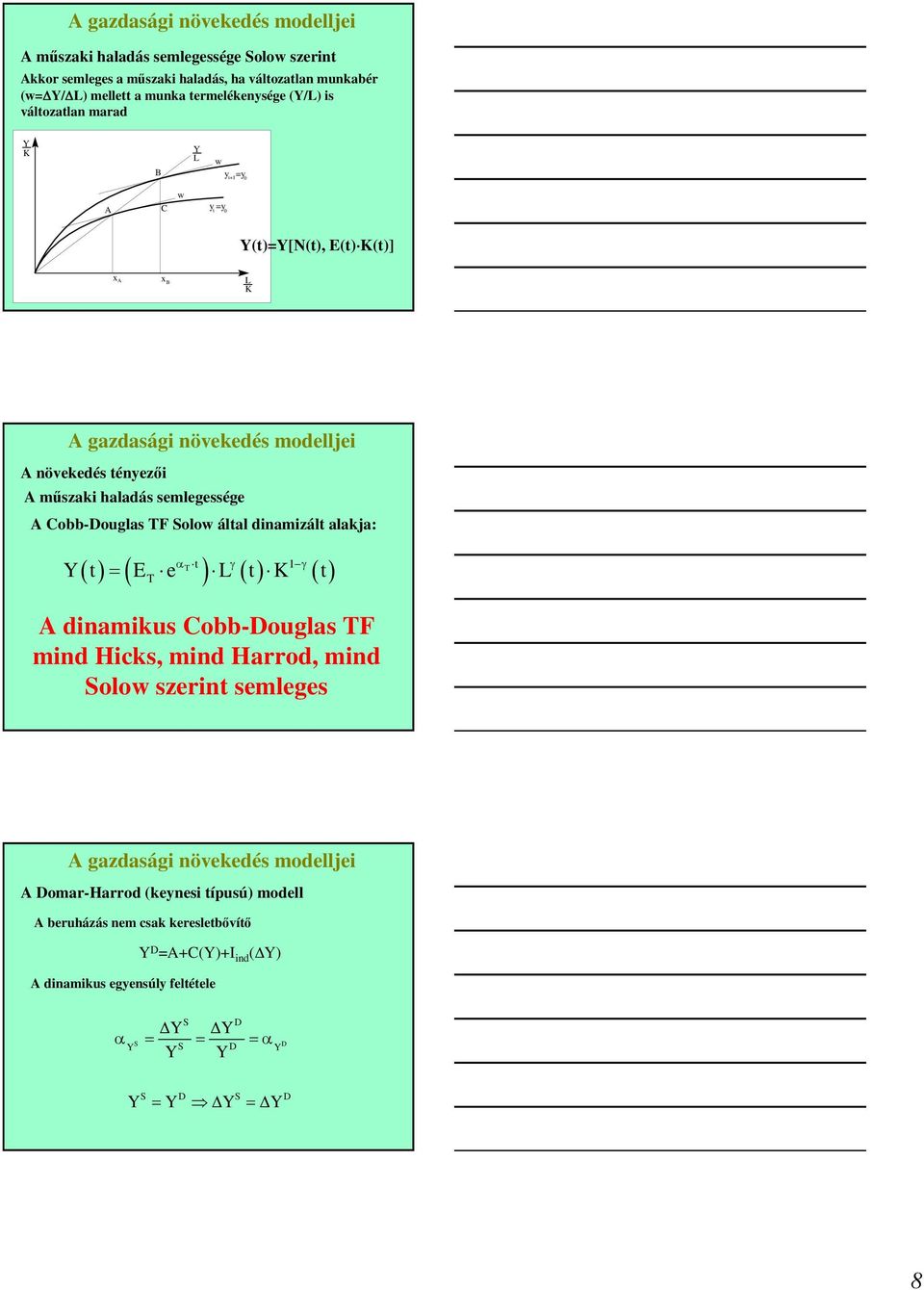 αt ( ) ( γ ) ( ) 1 γ = ( ) Y E e T dnamkus Cobb-Douglas TF mnd Hcks, mnd Harrod, mnd Solow szern semleges Domar-Harrod (keynes ípusú)