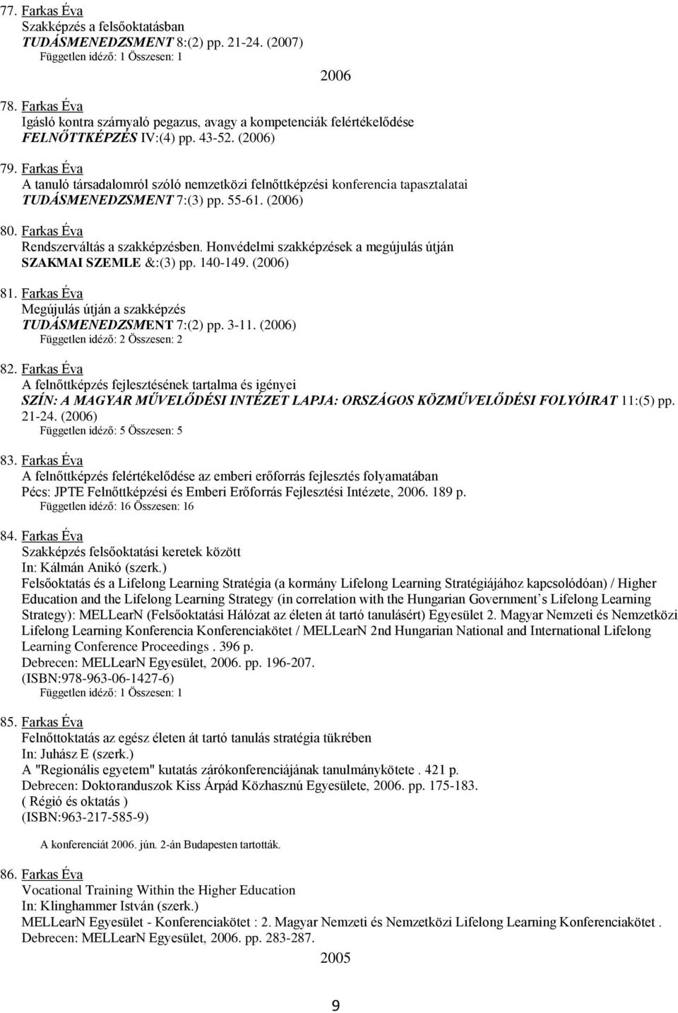 Honvédelmi szakképzések a megújulás útján SZAKMAI SZEMLE &:(3) pp. 140-149. (2006) 81. Farkas Éva Megújulás útján a szakképzés TUDÁSMENEDZSMENT 7:(2) pp. 3-11. (2006) 82.