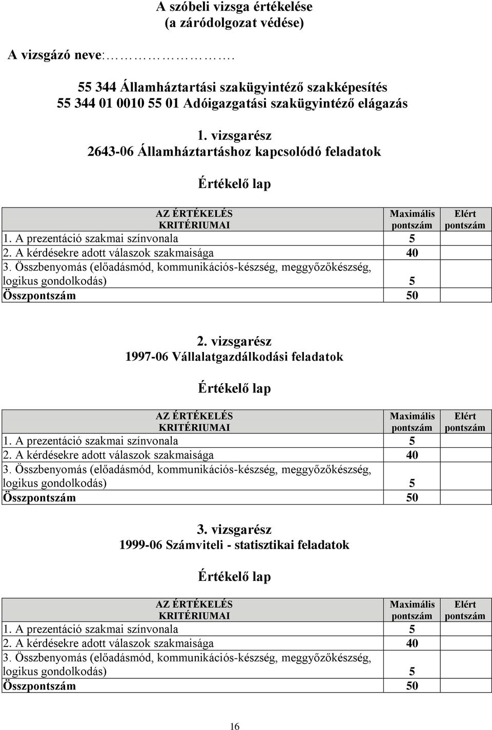 A kérdésekre adott válaszok szakmaisága 40 3. Összbenyomás (előadásmód, kommunikációs-készség, meggyőzőkészség, logikus gondolkodás) 5 Összpontszám 50 Elért pontszám 2.