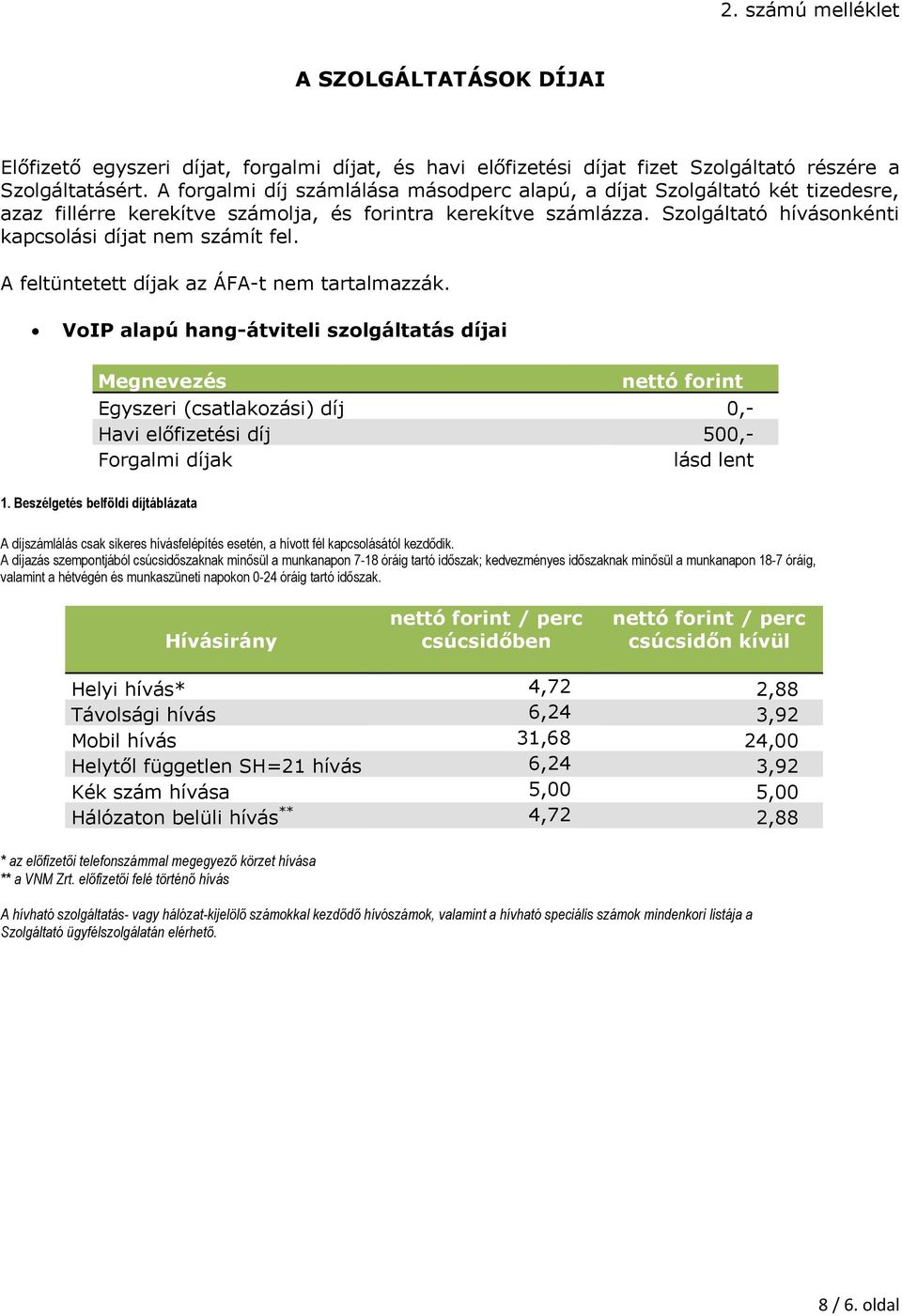 Szolgáltató hívásonkénti kapcsolási díjat nem számít fel. A feltüntetett díjak az ÁFA-t nem tartalmazzák.