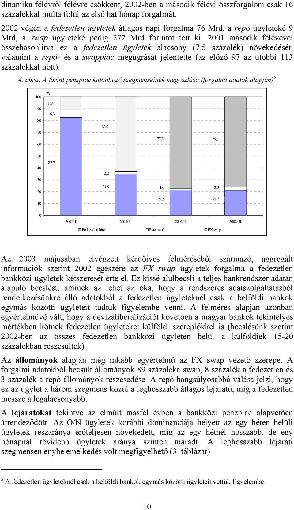 2001 második félévével összehasonlítva ez a fedezetlen ügyletek alacsony (7,5 százalék) növekedését, valamint a repó- és a swappiac megugrását jelentette (az előző 97 az utóbbi 113 százalékkal nőtt).