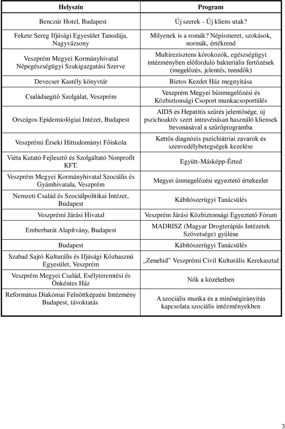 Veszprém Megyei Kormányhivatal Szociális és Gyámhivatala, Veszprém Nemzeti Család és Szociálpolitikai Intézet, Budapest Veszprémi Járási Hivatal Emberbarát Alapítvány, Budapest Budapest Szabad Sajtó