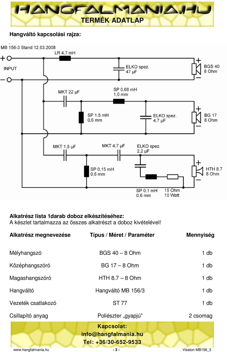 Alkatrész megnevezése Típus / Méret / Paraméter Mennyiség Mélyhangszó Középhangszóró Magashangszóró BGS 40 8