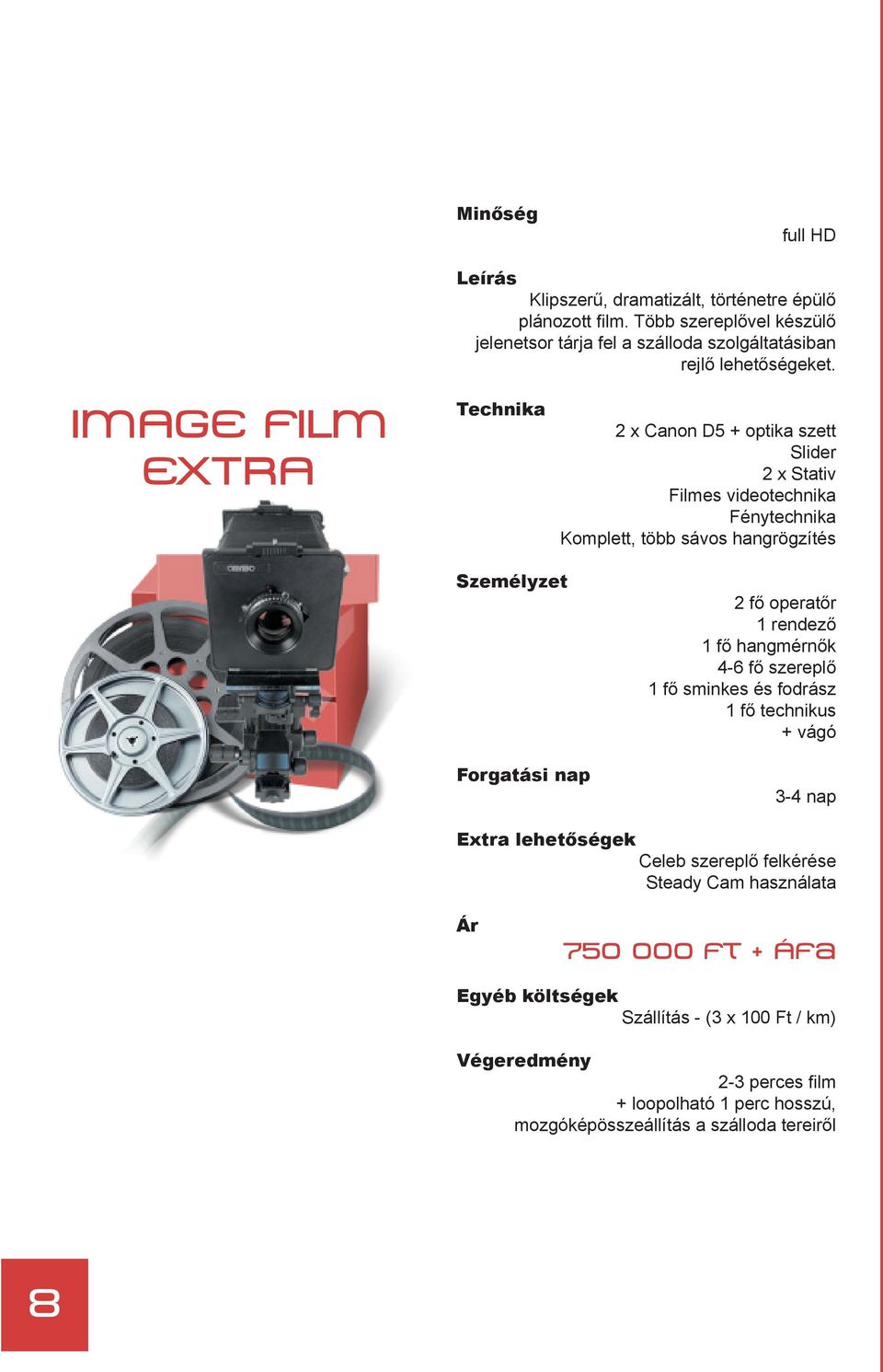 IMAGE FILM EXTRA Technika 2 x Canon D5 + optika szett Slider 2 x Stativ Filmes videotechnika Fénytechnika Komplett, több sávos hangrögzítés Személyzet Forgatási nap 2 fő