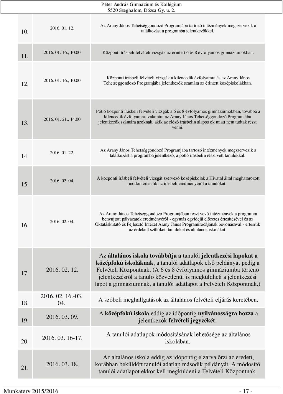 00 Központi írásbeli felvételi vizsgák a kilencedik évfolyamra és az Arany János Tehetséggondozó Programjába jelentkezők számára az érintett középiskolákban. 13. 2016. 01. 21., 14.