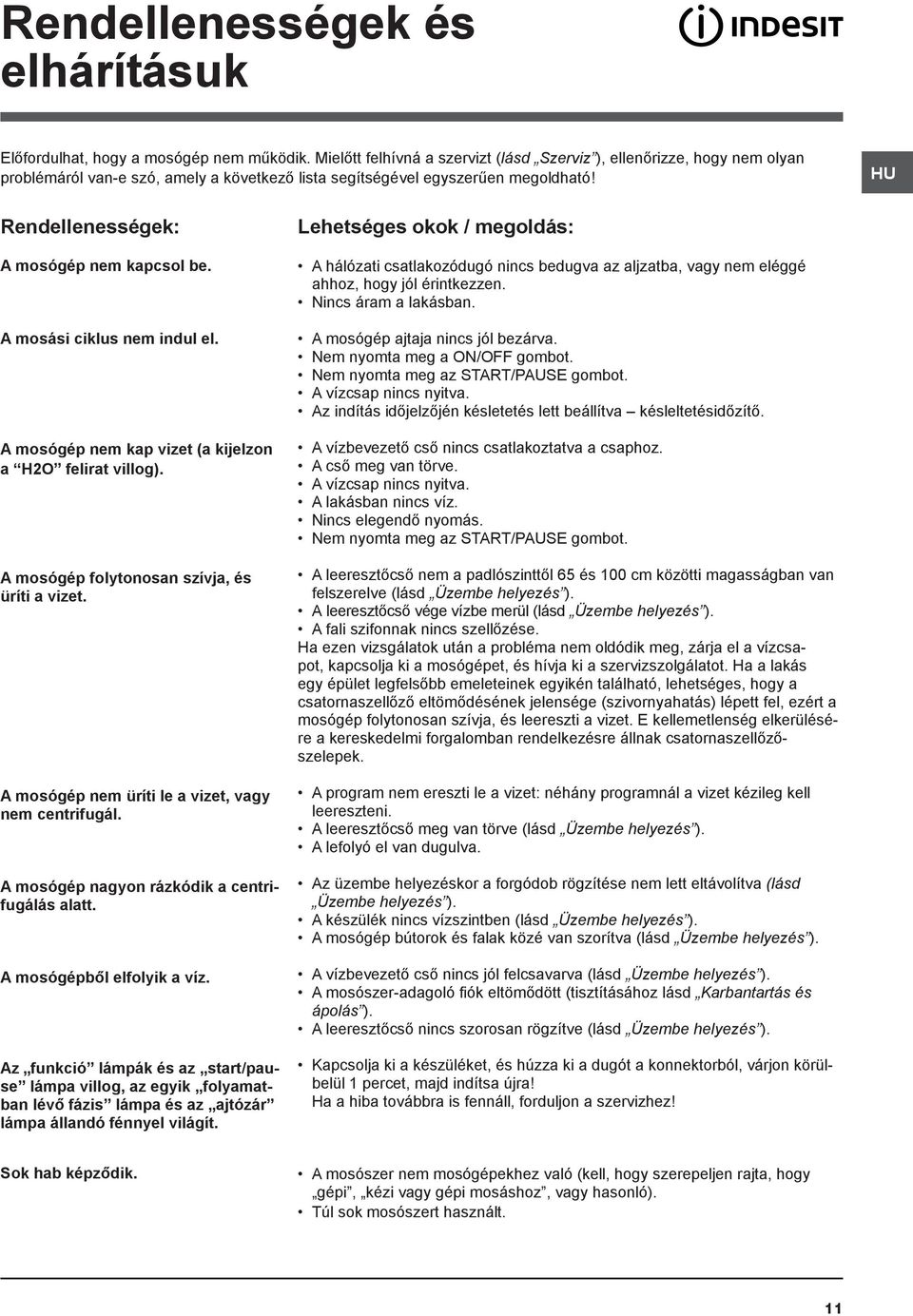 HU Rendellenességek: A mosógép nem kapcsol be. A mosási ciklus nem indul el. A mosógép nem kap vizet (a kijelzon a H2O felirat villog). A mosógép folytonosan szívja, és üríti a vizet.