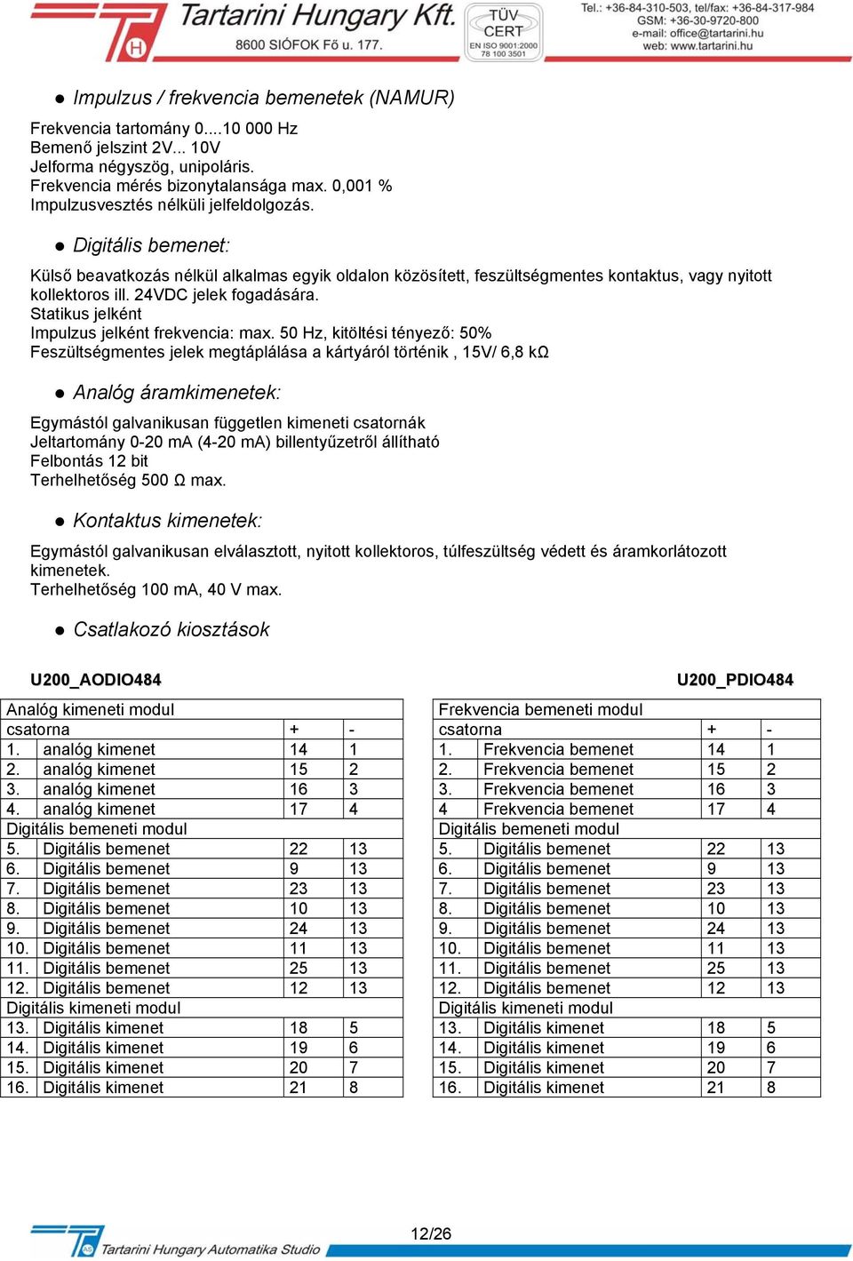 24VDC jelek fogadására. Statikus jelként Impulzus jelként frekvencia: max.