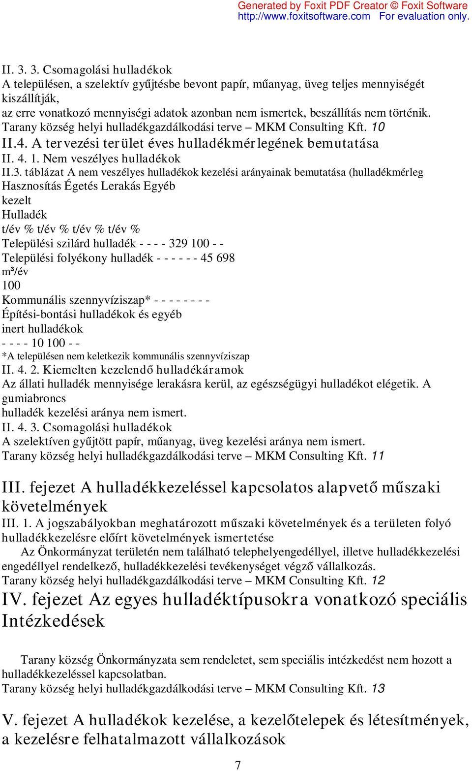 Tarany község helyi gazdálkodási terve MKM Consulting Kft. 10 II.4. A tervezési terület éves mérlegének bemutatása II. 4. 1. Nem veszélyes ok II.3.