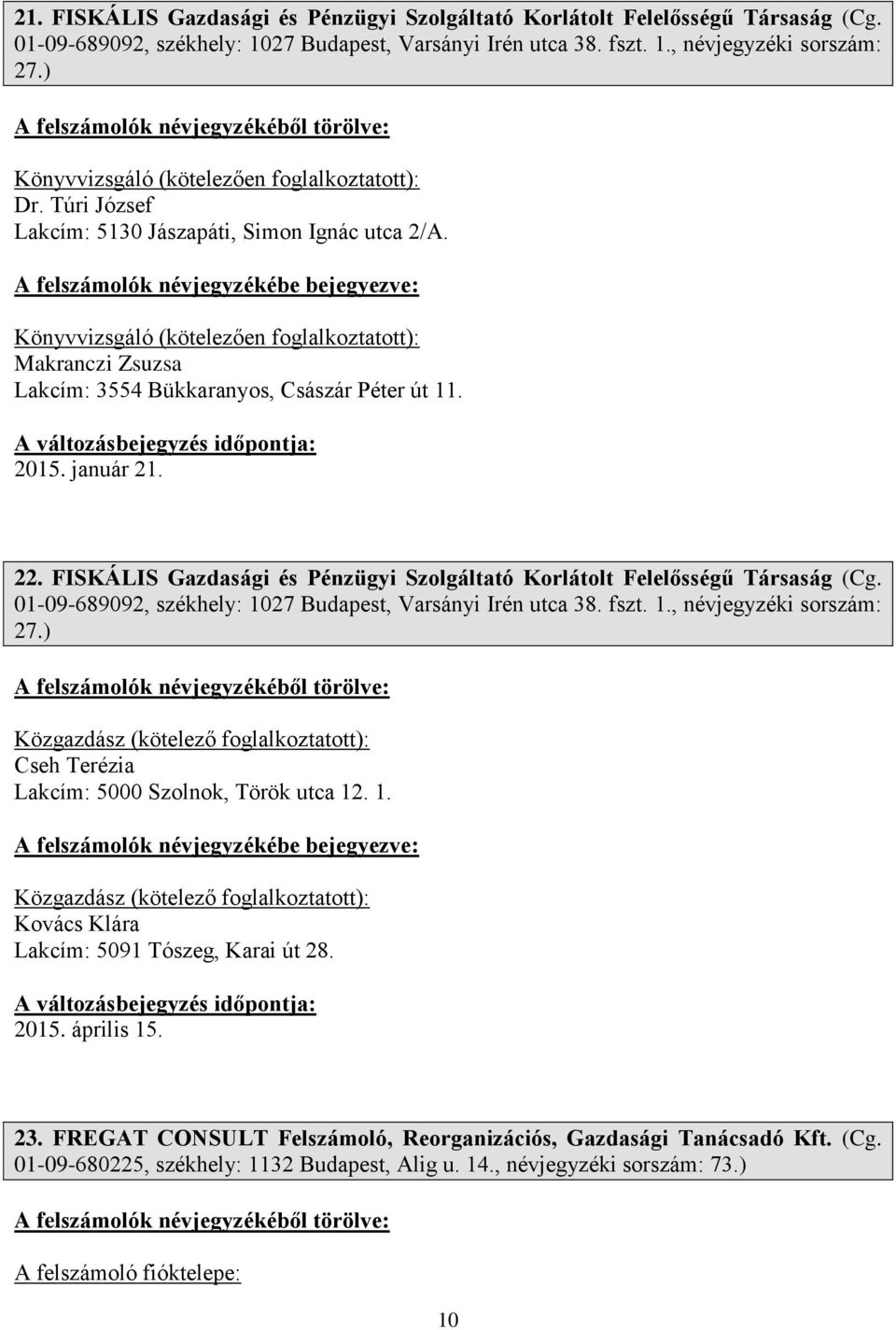 Könyvvizsgáló (kötelezően foglalkoztatott): Makranczi Zsuzsa Lakcím: 3554 Bükkaranyos, Császár Péter út 11. 2015. január 21. 22.