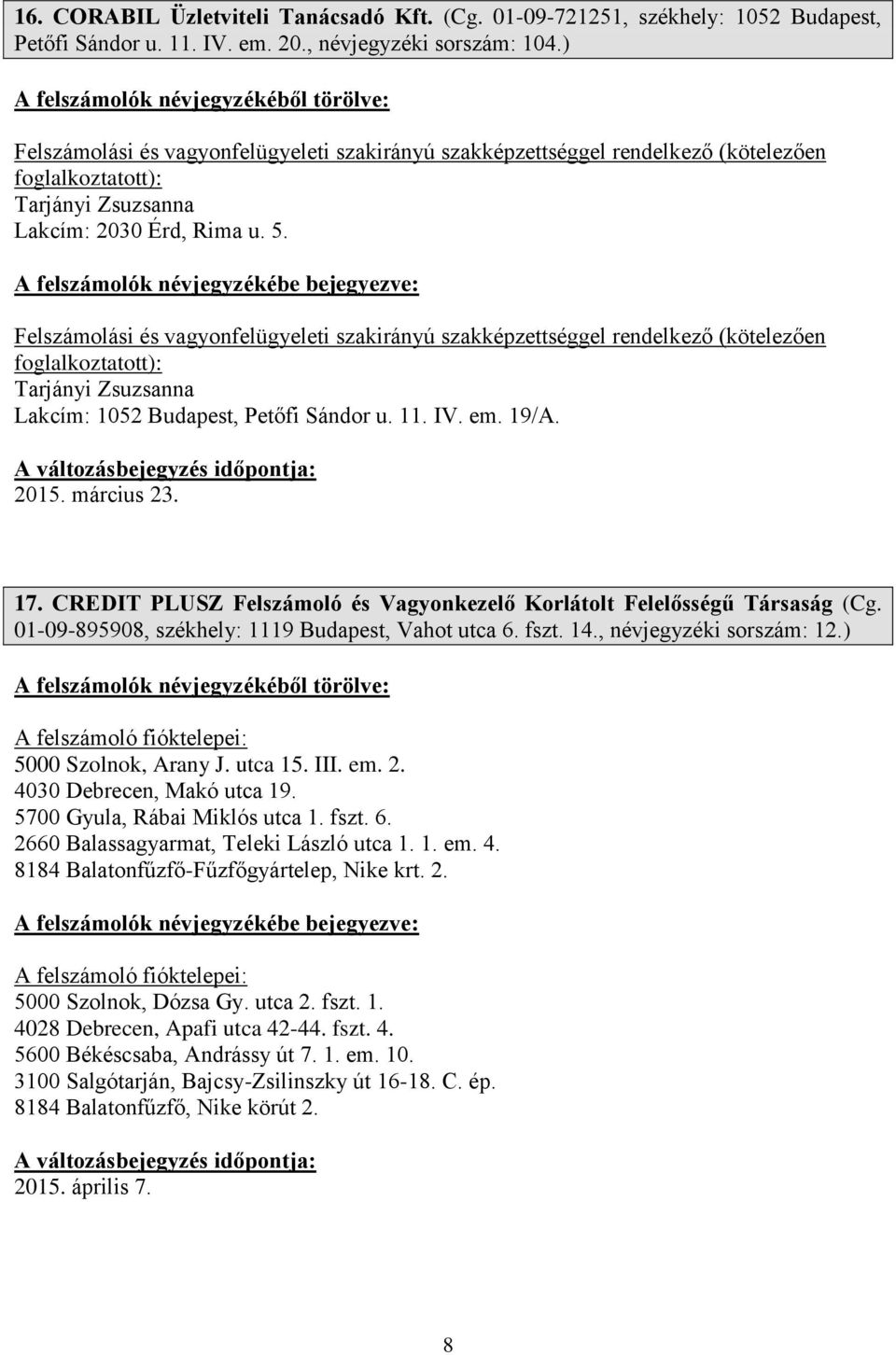 március 23. 17. CREDIT PLUSZ Felszámoló és Vagyonkezelő Korlátolt Felelősségű Társaság (Cg. 01-09-895908, székhely: 1119 Budapest, Vahot utca 6. fszt. 14., névjegyzéki sorszám: 12.