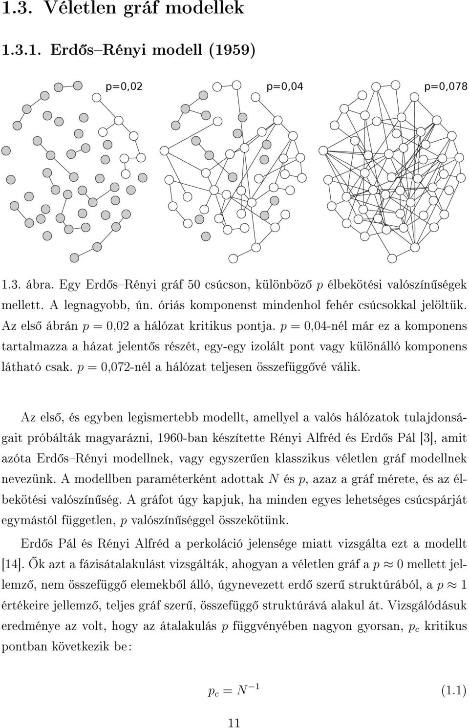 p = 0,04-nél már ez a komponens tartalmazza a házat jelent s részét, egy-egy izolált pont vagy különálló komponens látható csak. p = 0,072-nél a hálózat teljesen összefügg vé válik.