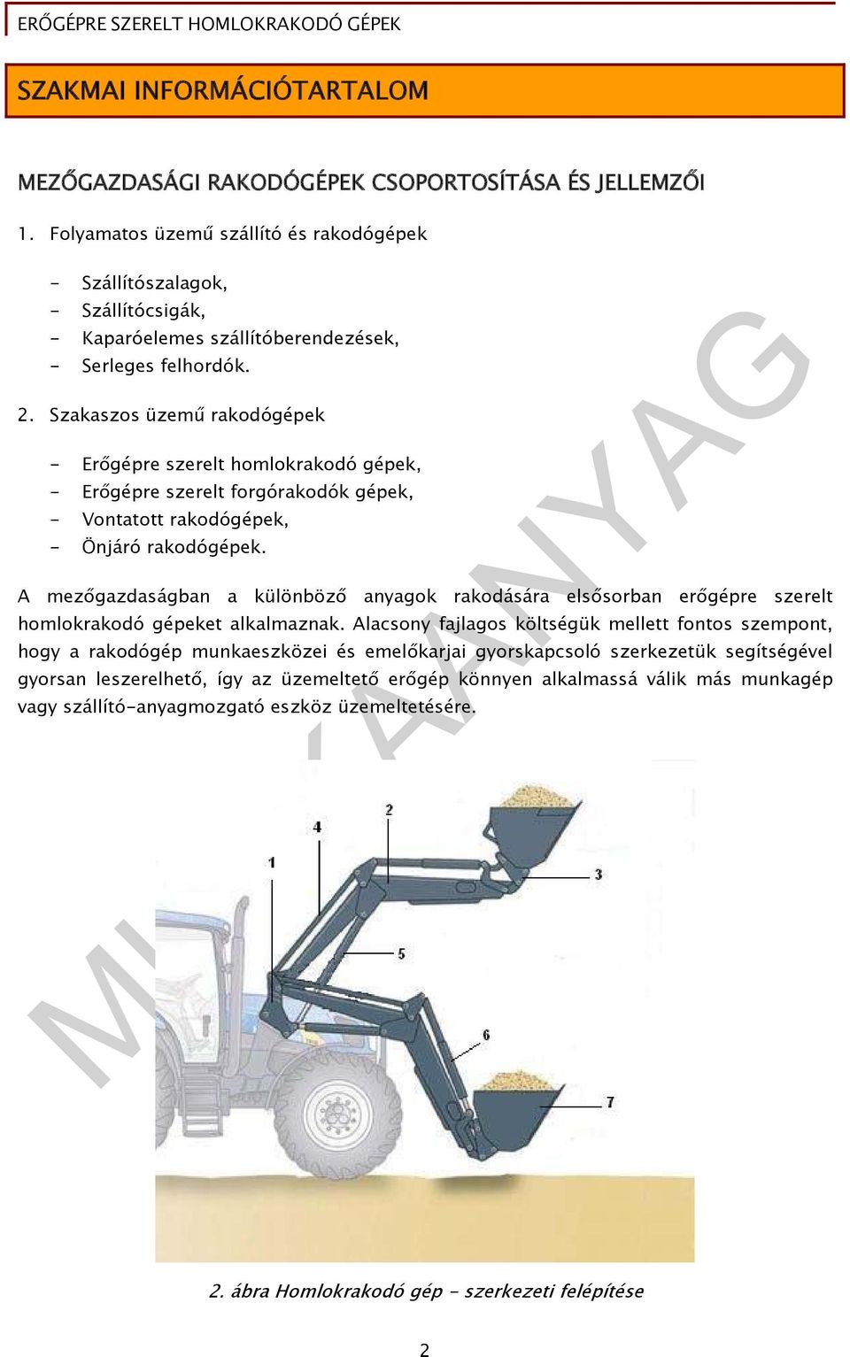 Szakaszos üzemű rakodógépek - Erőgépre szerelt homlokrakodó gépek, - Erőgépre szerelt forgórakodók gépek, - Vontatott rakodógépek, - Önjáró rakodógépek.