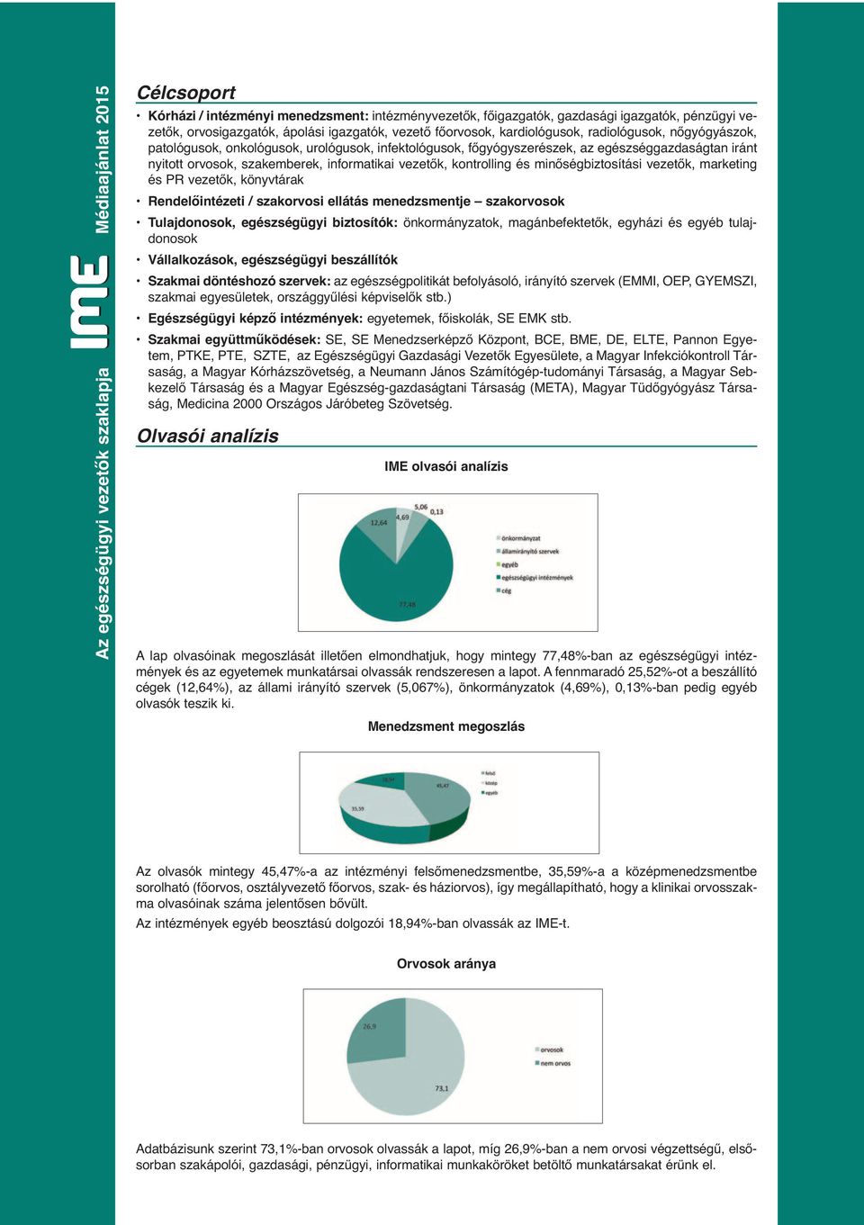 minőségbiztosítási vezetők, marketing és PR vezetők, könyv tárak Rendelőintézeti / szakorvosi ellátás menedzsmentje szakorvosok Tulajdonosok, egészségügyi biztosítók: önkormányzatok, magánbefektetők,