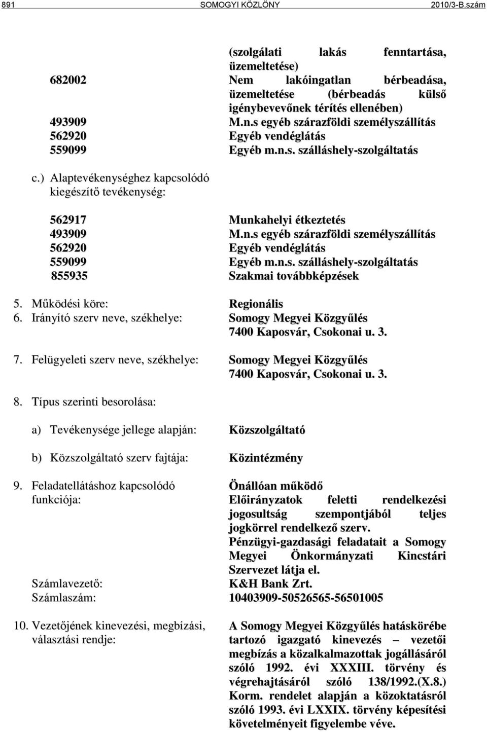 n.s. szálláshely-szolgáltatás 855935 Szakmai továbbképzések 5. Működési köre: Regionális 6. Irányító szerv neve, székhelye: Somogy Megyei Közgyűlés 74