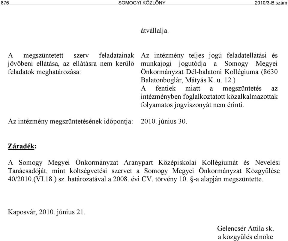 Dél-balatoni Kollégiuma (8630 Balatonboglár, Mátyás K. u. 12.) A fentiek miatt a megszüntetés az intézményben foglalkoztatott közalkalmazottak folyamatos jogviszonyát nem érinti.