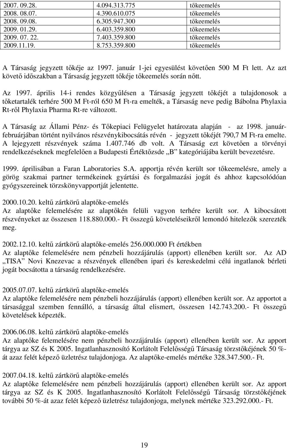 április 14-i rendes közgyőlésen a Társaság jegyzett tıkéjét a tulajdonosok a tıketartalék terhére 500 M Ft-ról 650 M Ft-ra emelték, a Társaság neve pedig Bábolna Phylaxia Rt-rıl Phylaxia Pharma Rt-re