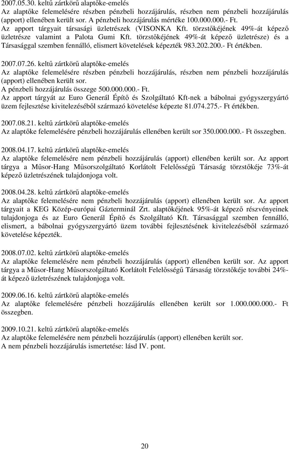 törzstıkéjének 49%-át képezı üzletrésze) és a Társasággal szemben fennálló, elismert követelések képezték 983.202.200.- Ft értékben. 2007.07.26.