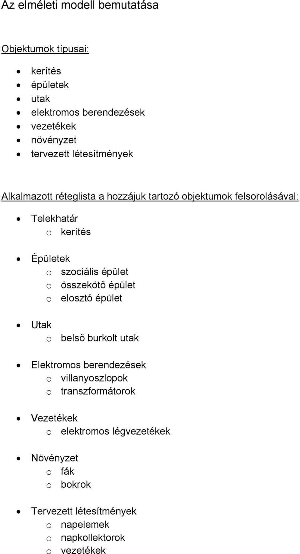 épület o összekötő épület o elosztó épület Utak o belső burkolt utak Elektromos berendezések o villanyoszlopok o