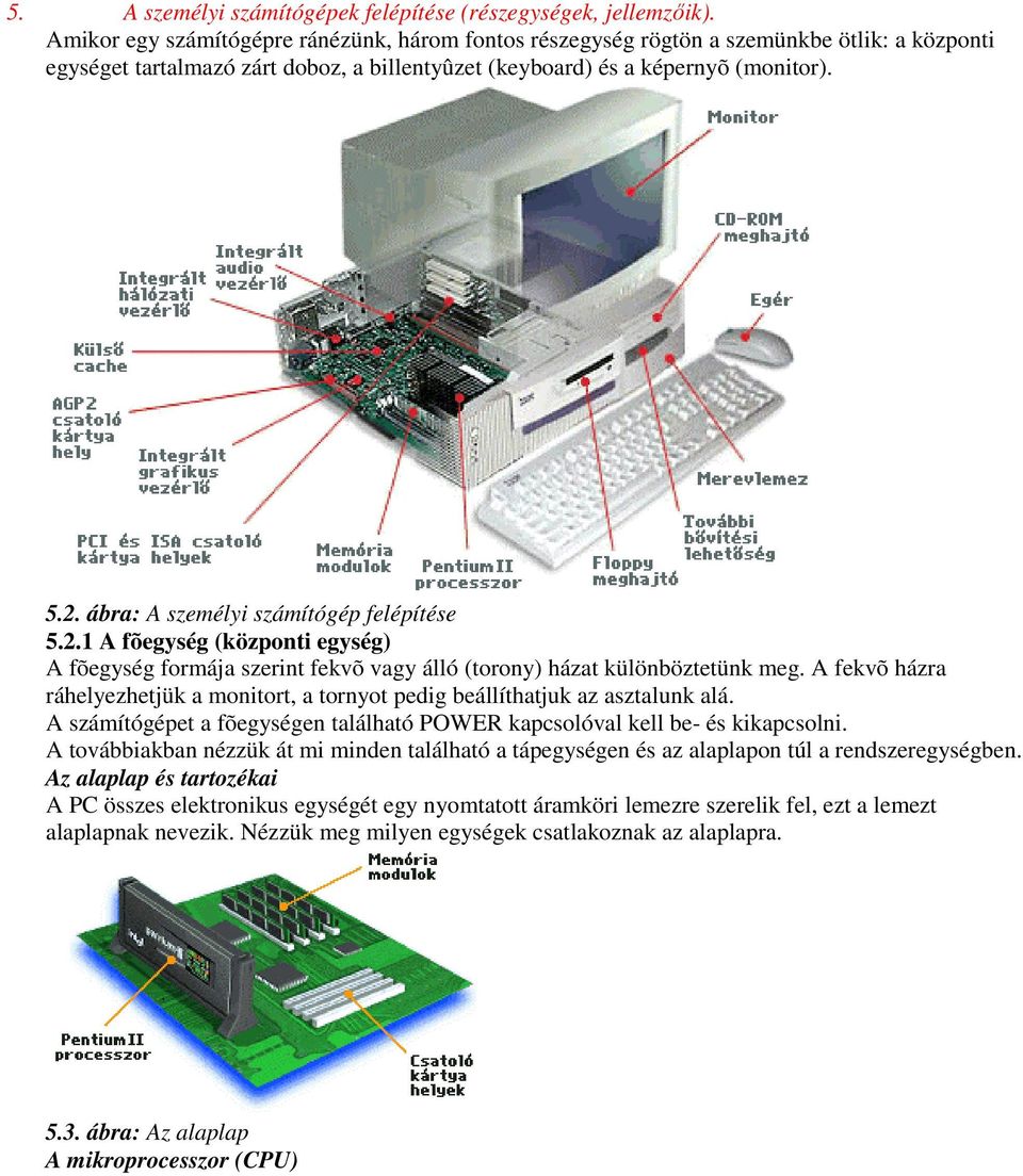 ábra: A személyi számítógép felépítése 5.2.1 A fõegység (központi egység) A fõegység formája szerint fekvõ vagy álló (torony) házat különböztetünk meg.