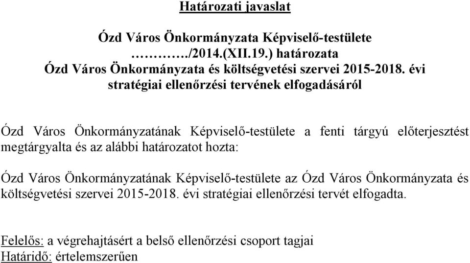 évi stratégiai ellenőrzési tervének elfogadásáról Ózd Város Önkormányzatának Képviselő-testülete a fenti tárgyú előterjesztést megtárgyalta