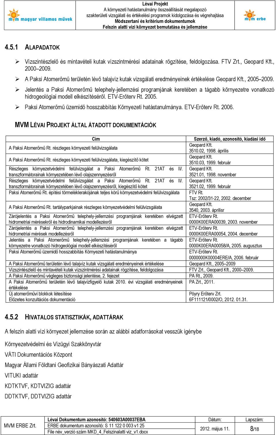 Jelentés a Paksi Atomerőmű telephely-jellemzési programjának keretében a tágabb környezetre vonatkozó hidrogeológiai modell elkészítéséről. ETV-Erőterv Rt. 2005.