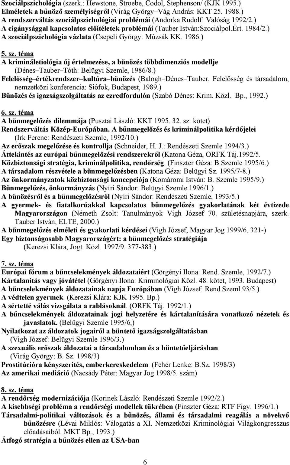 ) A szociálpszichológia vázlata (Csepeli György: Múzsák KK. 1986.) 5. sz. téma A krimináletiológia új értelmezése, a bűnözés többdimenziós modellje (Dénes Tauber Tóth: Belügyi Szemle, 1986/8.