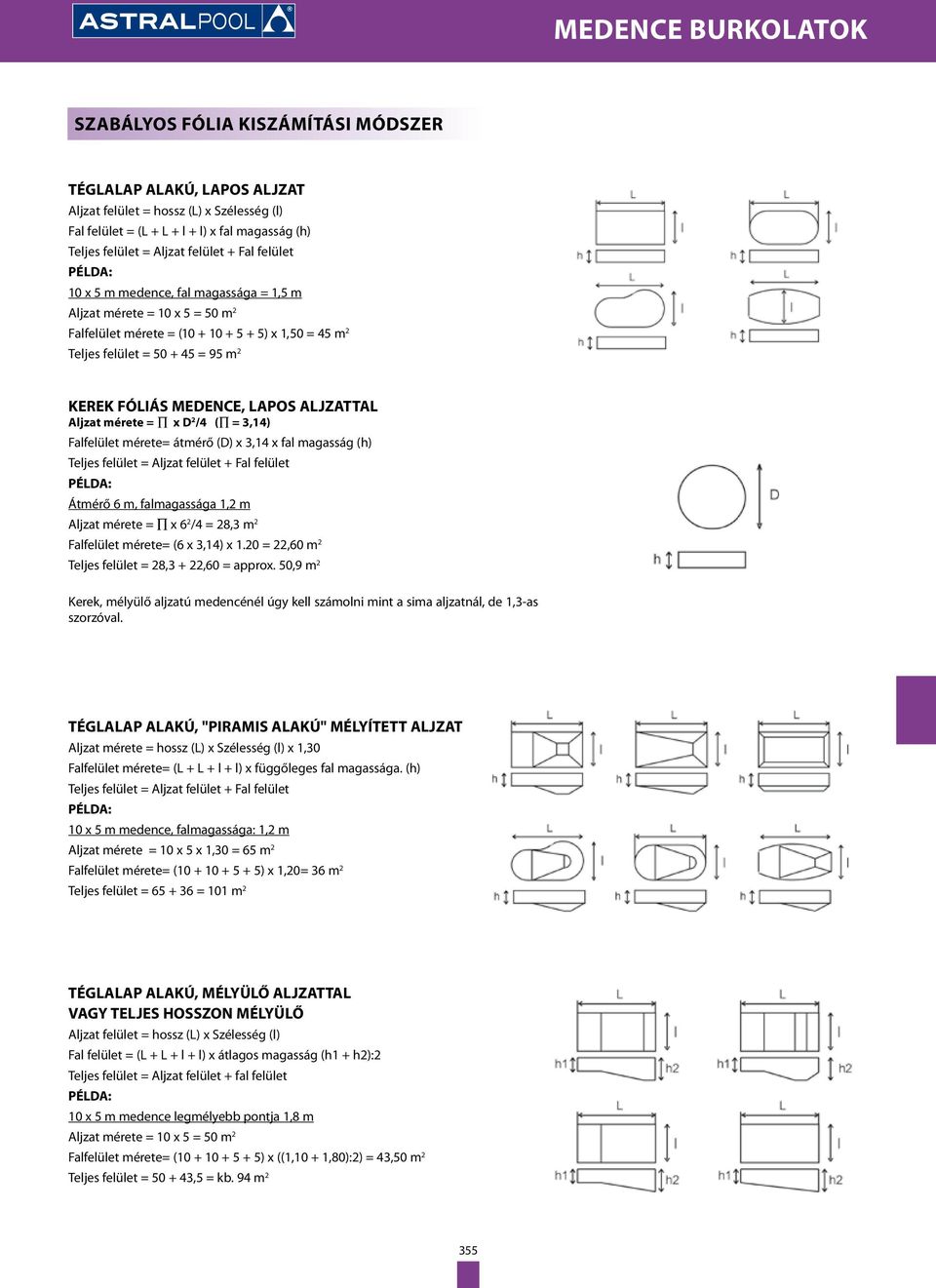 LAPOS ALJZATTAL Aljzat mérete = x D 2 /4 ( = 3,) Falfelület mérete= átmérő (D) x 3, x fal magasság (h) Teljes felület = Aljzat felület + Fal felület PÉLDA: Átmérő 6 m, falmagassága 1,2 m Aljzat