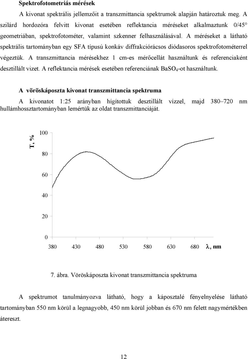 A méréseket a látható spektrális tartományban egy SFA típusú konkáv diffrakciórácsos diódasoros spektrofotométerrel végeztük.