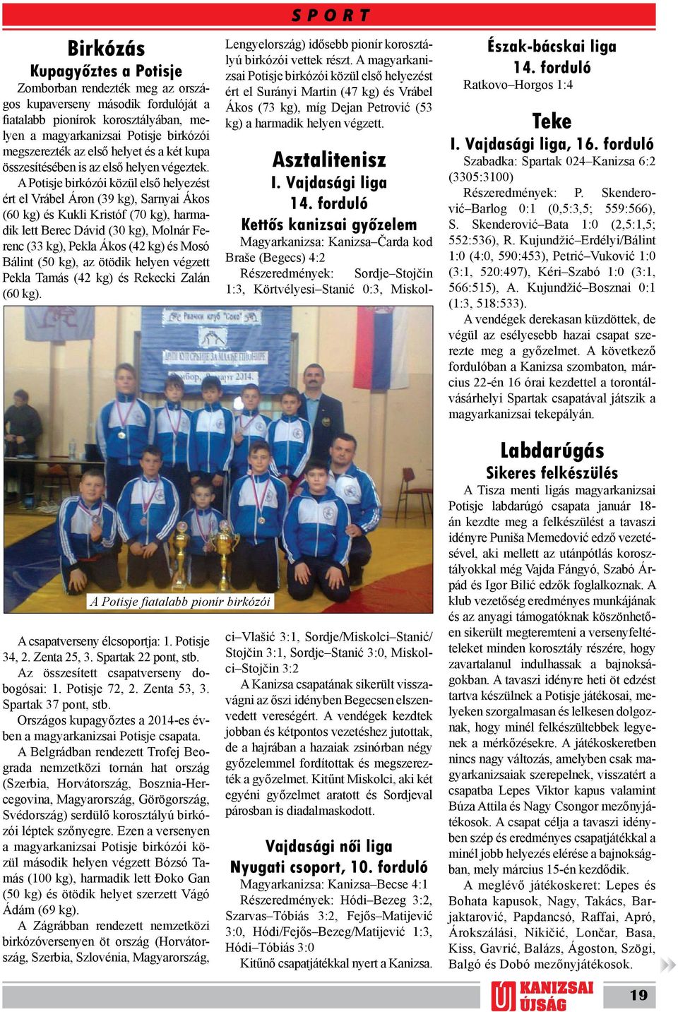 A Potisje birkózói közül első helyezést ért el Vrábel Áron (39 kg), Sarnyai Ákos (60 kg) és Kukli Kristóf (70 kg), harmadik lett Berec Dávid (30 kg), Molnár Ferenc (33 kg), Pekla Ákos (42 kg) és Mosó