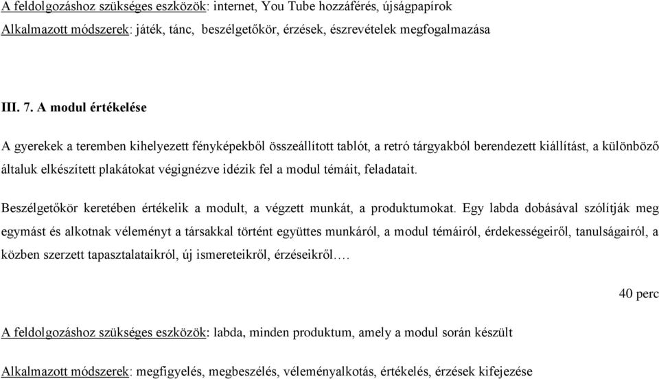 modul témáit, feladatait. Beszélgetőkör keretében értékelik a modult, a végzett munkát, a produktumokat.