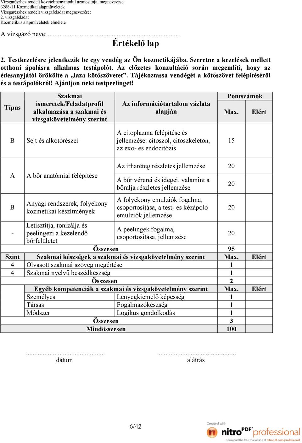 Típus Szakmai ismeretek/feladatprofil alkalmazása a szakmai és vizsgakövetelmény szerint Sejt és alkotórészei z információtartalom vázlata alapján Pontszámok citoplazma felépítése és jellemzése: