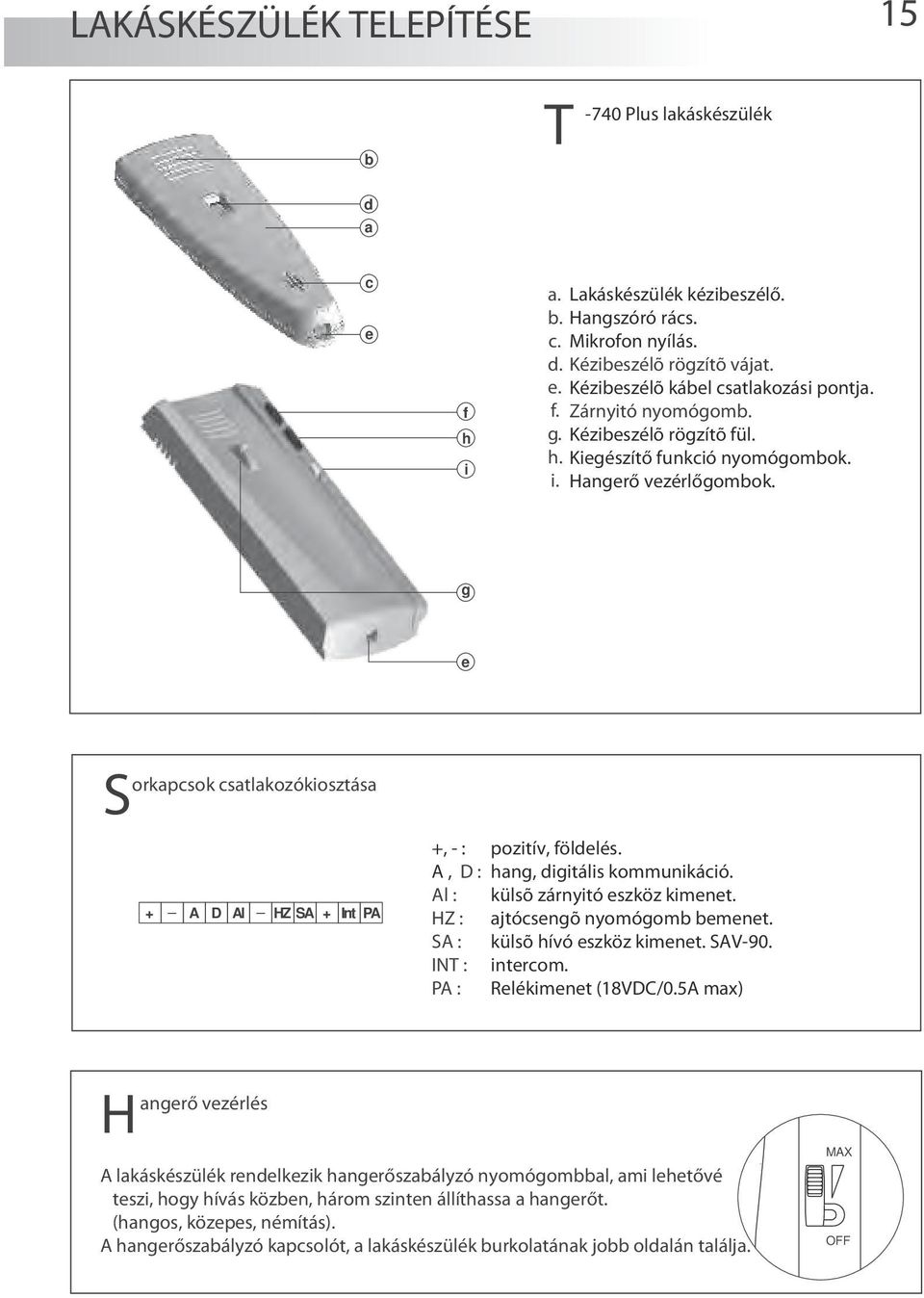 g e Sorkapcsok csatlakozókiosztása _ A D Al _ HZ SA Int PA, - : pozitív, földelés. A, D : hang, digitális kommunikáció. Al : külsõ zárnyitó eszköz kimenet. HZ : ajtócsengõ nyomógomb bemenet.