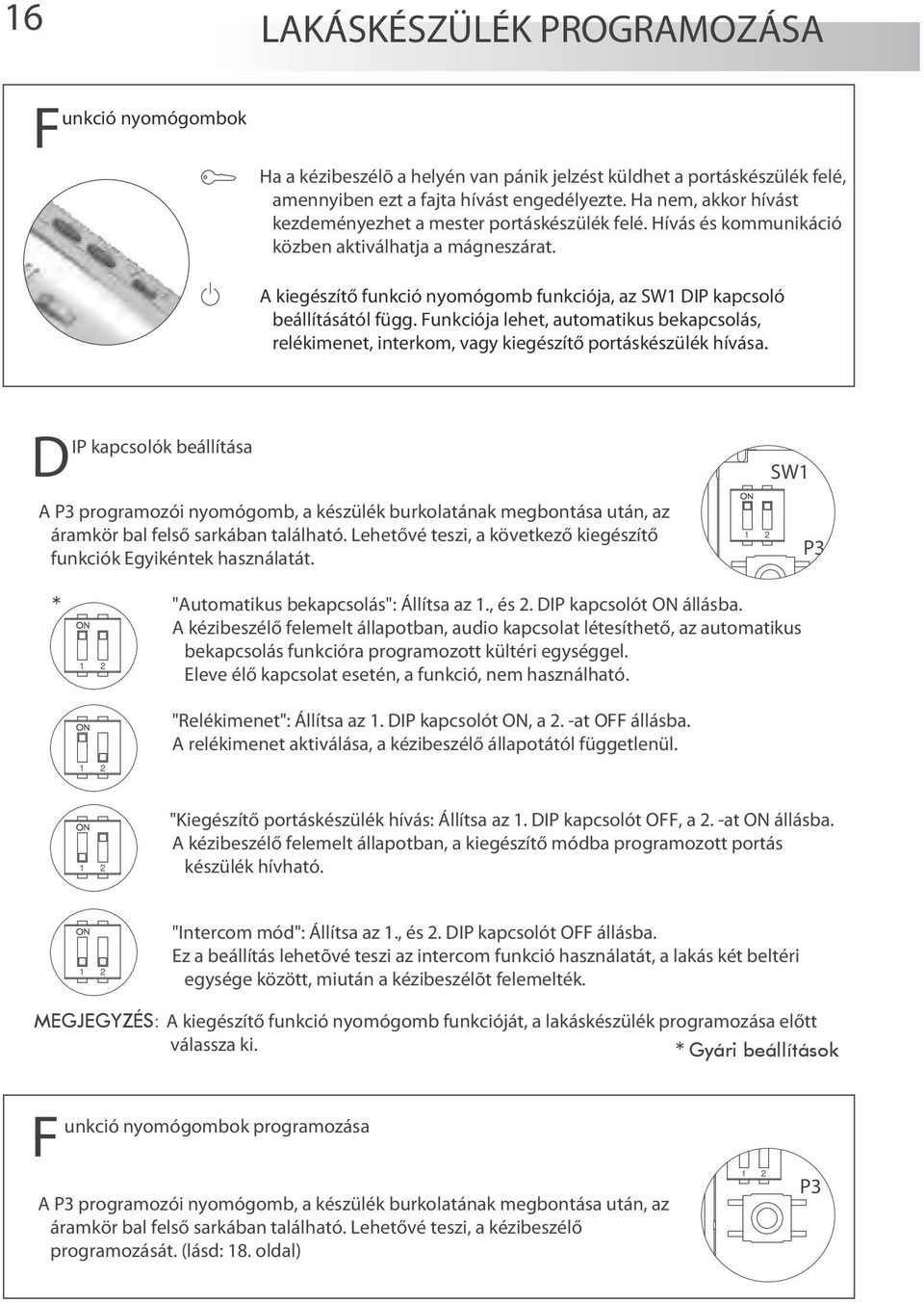 A kiegészítő funkció nyomógomb funkciója, az SW1 DIP kapcsoló beállításától függ. Funkciója lehet, automatikus bekapcsolás, relékimenet, interkom, vagy kiegészítő portáskészülék hívása.