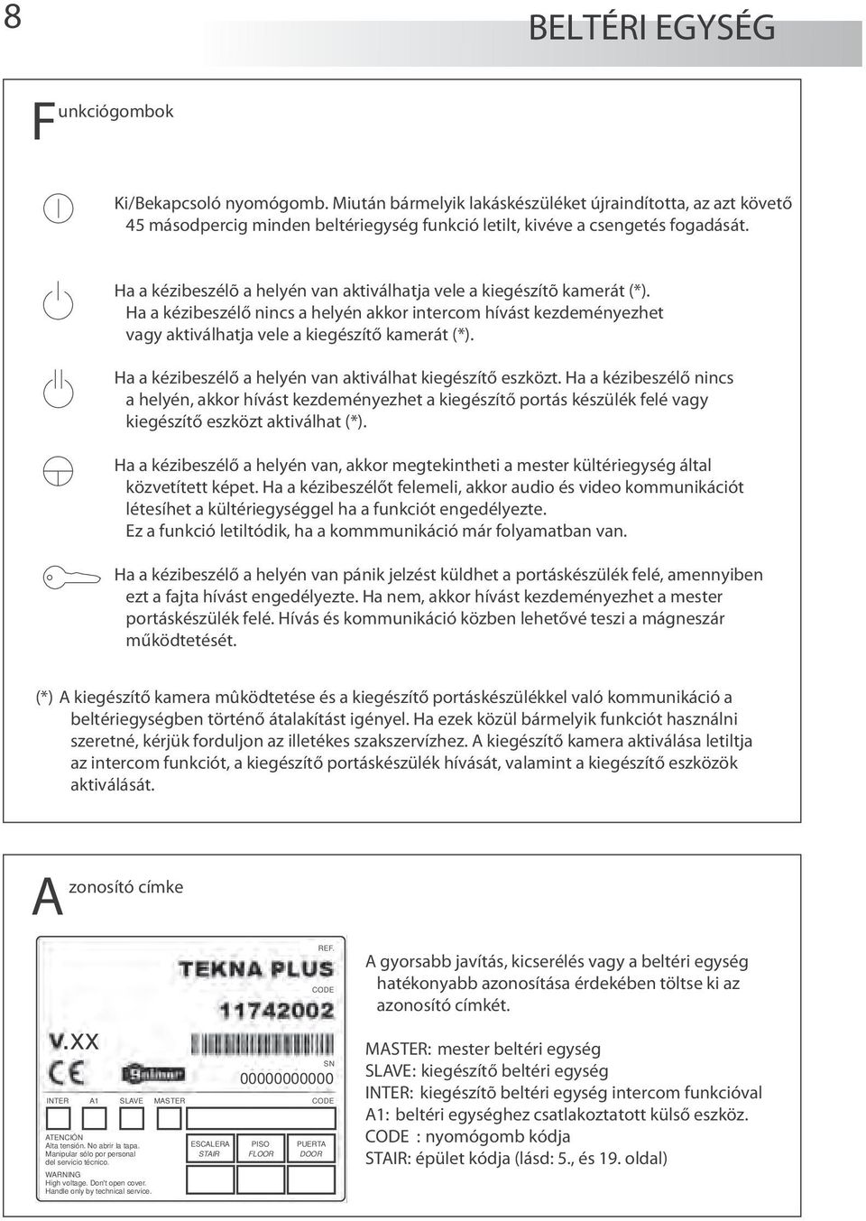 Ha a kézibeszélő a helyén van aktiválhat kiegészítő eszközt. Ha a kézibeszélő nincs a helyén, akkor hívást kezdeményezhet a kiegészítő portás készülék felé vagy kiegészítő eszközt aktiválhat (*).