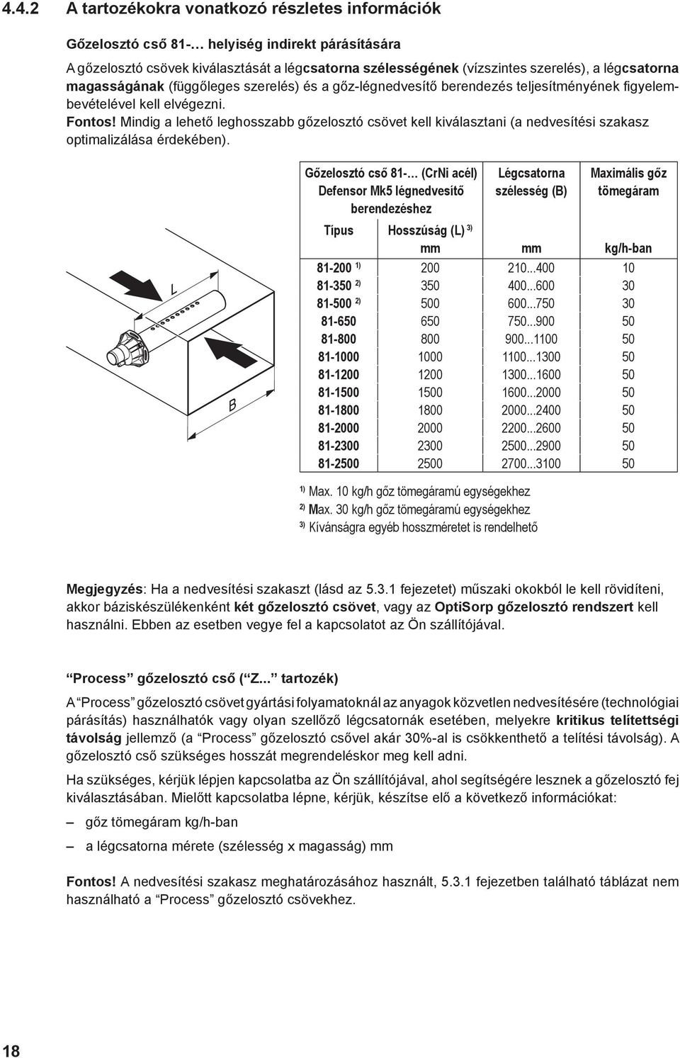 Mindig a lehető leghosszabb gőzelosztó csövet kell kiválasztani (a nedvesítési szakasz optimalizálása érdekében).