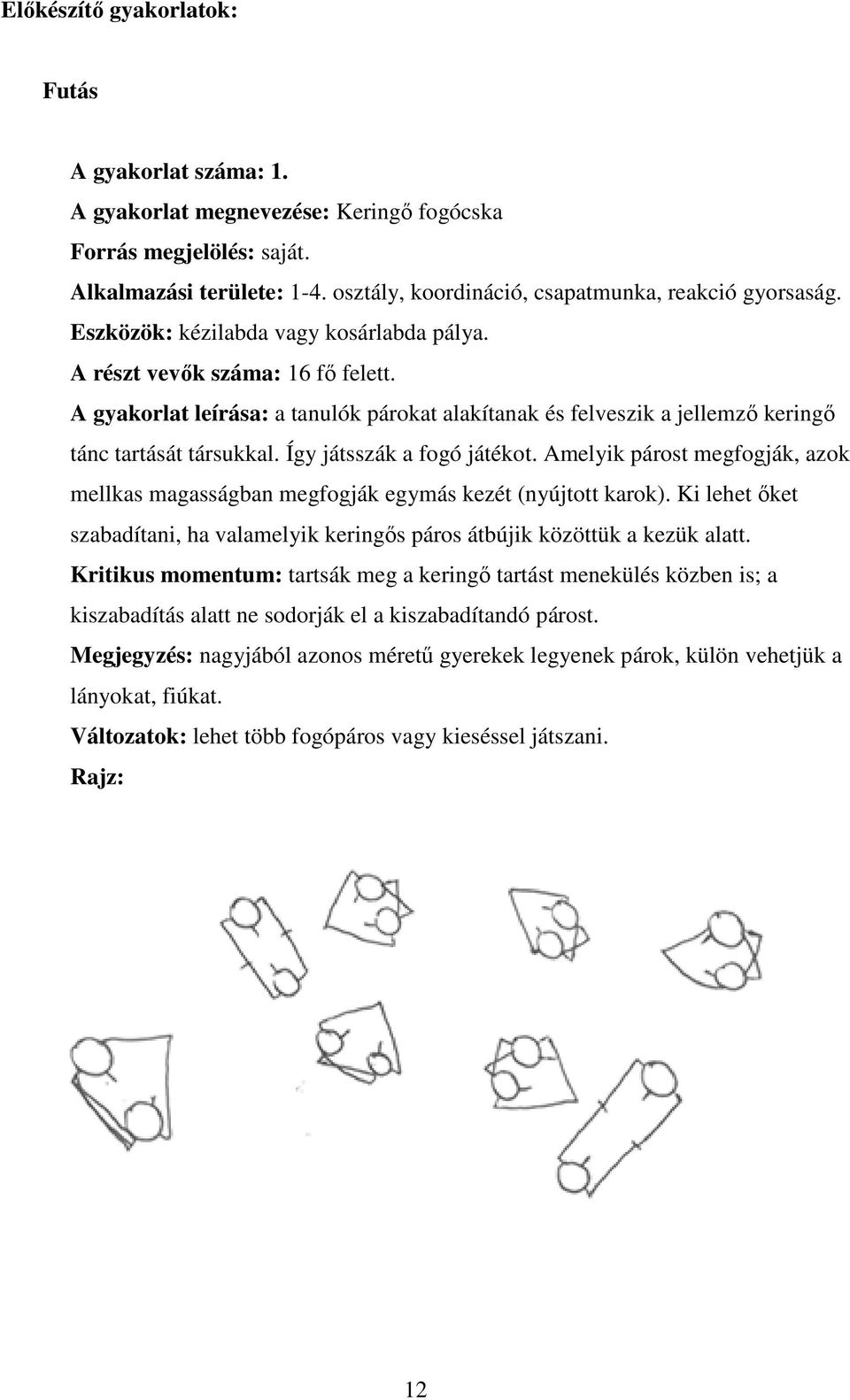 Így játsszák a fogó játékot. Amelyik párost megfogják, azok mellkas magasságban megfogják egymás kezét (nyújtott karok).