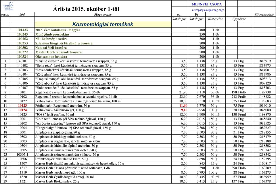 100322 Master Herb tapaszok brosúra 200 1 db 100324 Öko sampon brosúra 200 1 db 1 140101 "Frissítő citrom" kézi készítésű természetes szappan, 85 g 3,50 1 138 85 g 13 Ft/g 1813919 2 140102 "Bella