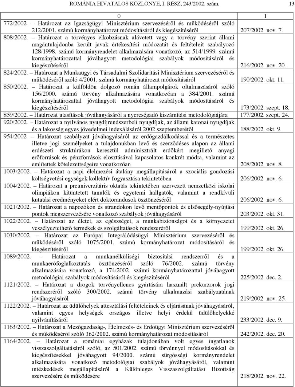 számú kormányrendelet alkalmazására vonatkozó, az 514/1999. számú kormányhatározattal jóváhagyott metodológiai szabályok módosításáról és kiegészítésér O 216/2002. nov. 20. 824/2002.